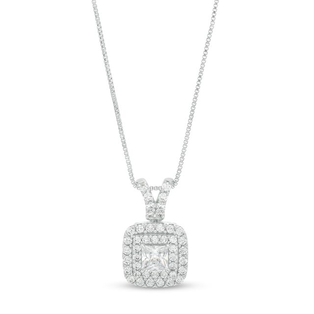 1 CT. T.w. Certified Princess-Cut Lab-Created Diamond Double Cushion-Shaped Frame Pendant in 14K White Gold (F/Si2)