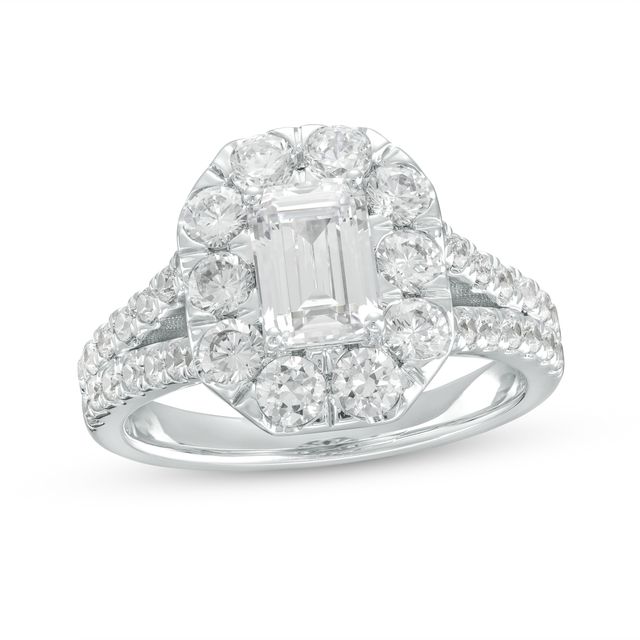 2-1/2 CT. T.w. Certified Emerald-Cut Lab-Created Diamond Frame Split Shank Engagement Ring in 14K White Gold (F/Vs2)