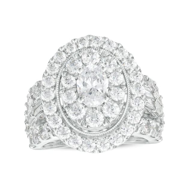 5 CT. T.w. Certified Oval Lab-Created Diamond Double Frame Multi-Row Engagement Ring in 14K White Gold (F/Vs2)