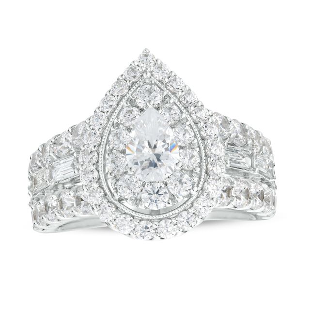 3 CT. T.w. Certified Pear-Shaped Lab-Created Diamond Double Frame Engagement Ring in 14K White Gold (F/Vs2)