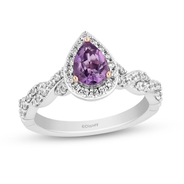 Enchanted Disney Rapunzel Pear-Shaped Pink Quartz and 1/2 CT. T.w. Diamond Frame Engagement Ring in 14K Two-Tone Gold