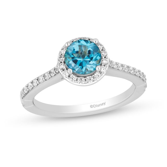 Enchanted Disney Jasmine 6.0mm Swiss Blue Topaz and 1/3 CT. T.w. Diamond Frame Engagement Ring in 14K White Gold