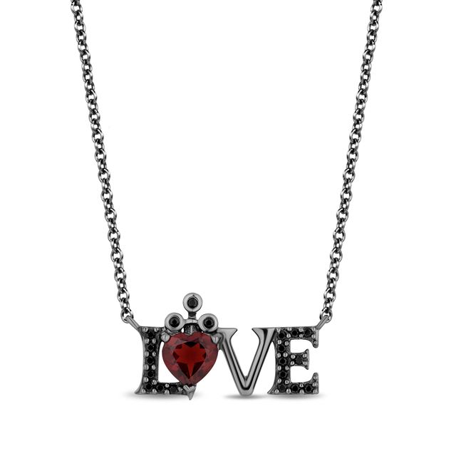 Enchanted Disney 6.0mm Heart-Shaped Garnet and 1/6 CT. T.w. Black Diamond "Love" Necklace in Sterling Silver