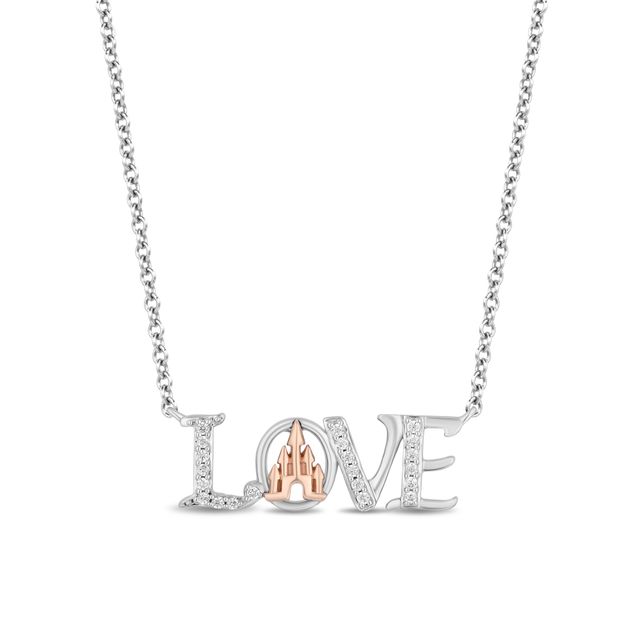 Enchanted Disney 1/10 CT. T.w. Diamond Majestic Princess "Love" Necklace in Sterling Silver and 10K Rose Gold