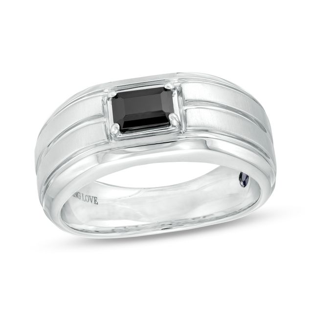 Vera Wang Love Collection Men's 3/4 CT. Emerald-Cut Black Diamond Solitaire Wedding Band in 14K White Gold