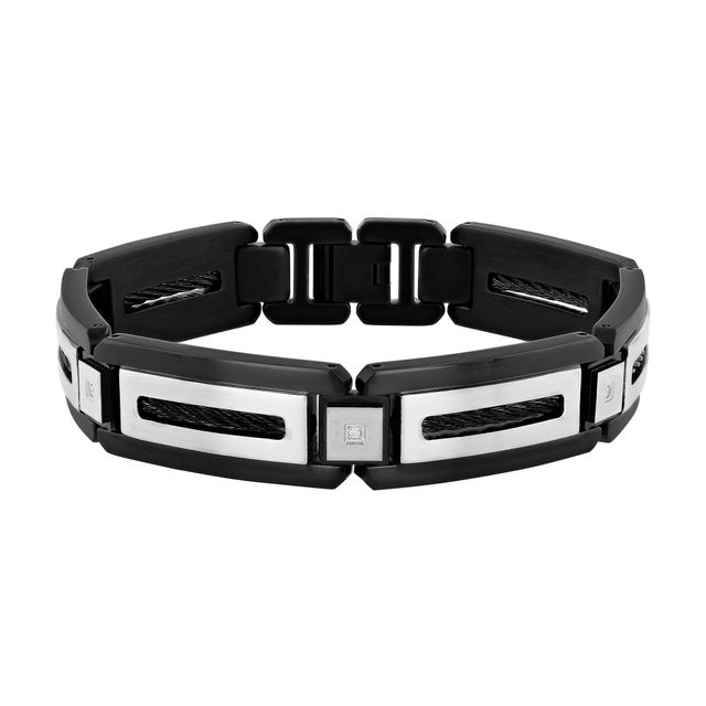 Men's 1/20 CT. T.w. Diamond Rectangular Link Bracelet in Stainless Steel and Black Ion Plate - 8.75"