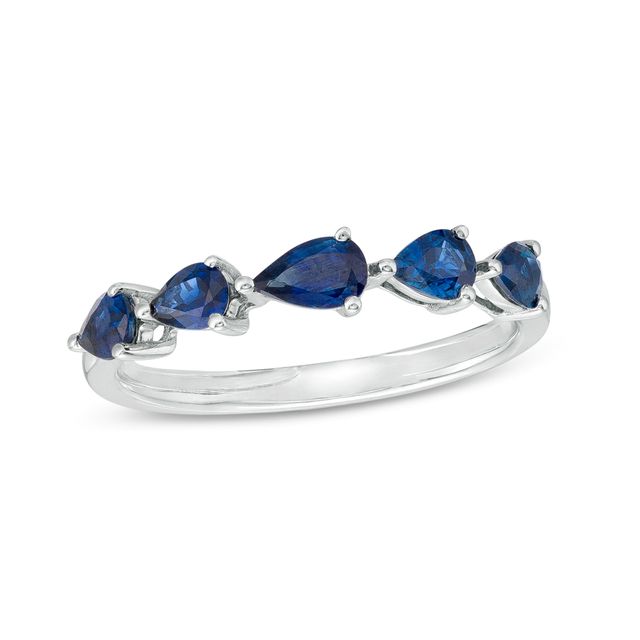 Pear-Shaped Blue Sapphire Five Stone Ring in 10K White Gold