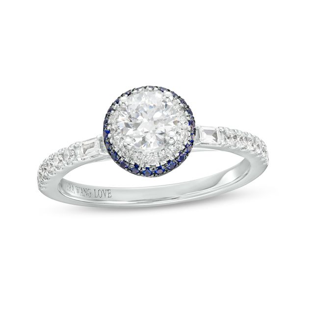 Vera Wang Love Collection 3/4 CT. T.w. Diamond and Blue Sapphire Double Frame Engagement Ring in 14K White Gold