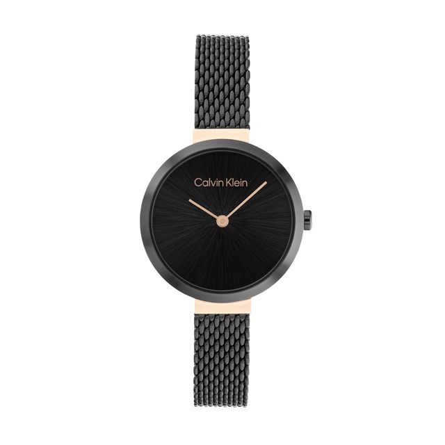 Ladies' Calvin Klein Two-Tone IP Mesh Watch with Black Dial (Model: 25200084)