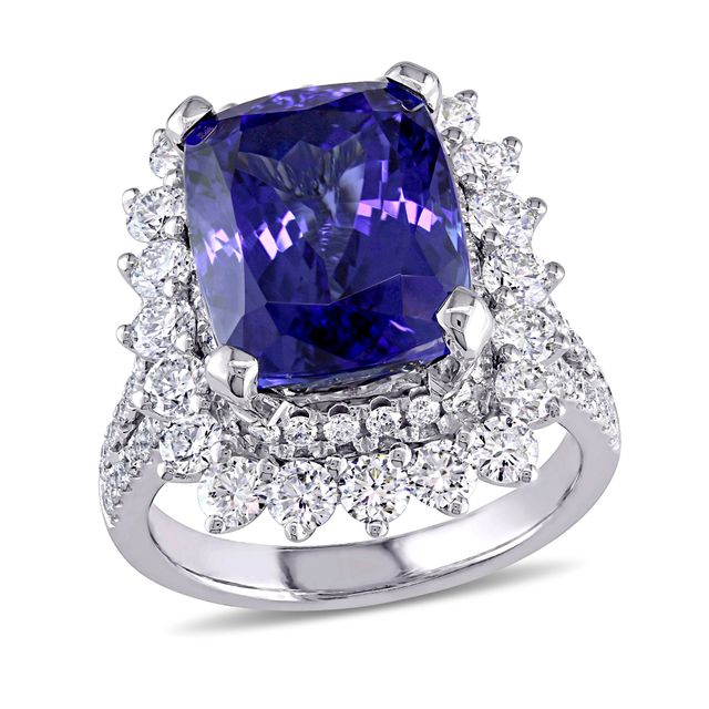 Cushion-Shaped Tanzanite and 1-3/4 CT. T.w. Diamond Sunburst Double Frame Ring in 14K White Gold