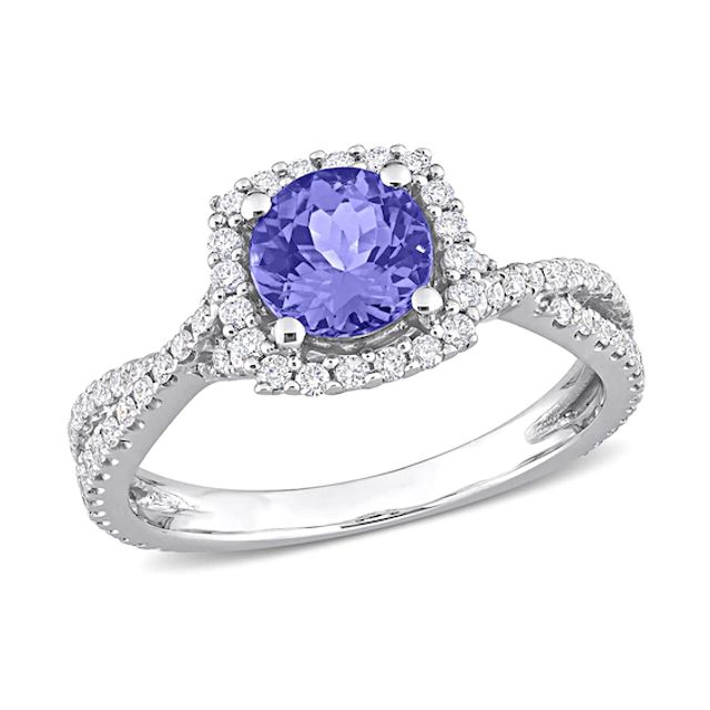 6.5mm Tanzanite and 1/2 CT. T.w. Diamond Frame Twist Shank Ring in 14K White Gold