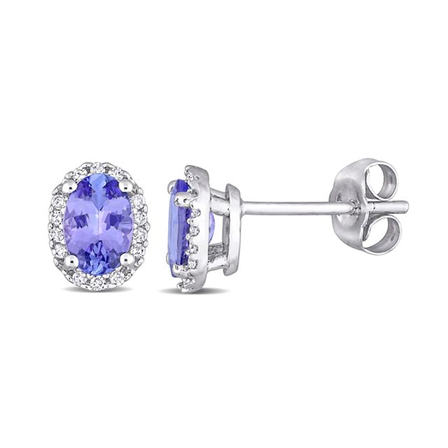 Oval Tanzanite and 1/15 CT. T.w. Diamond Frame Stud Earrings in 10K White Gold