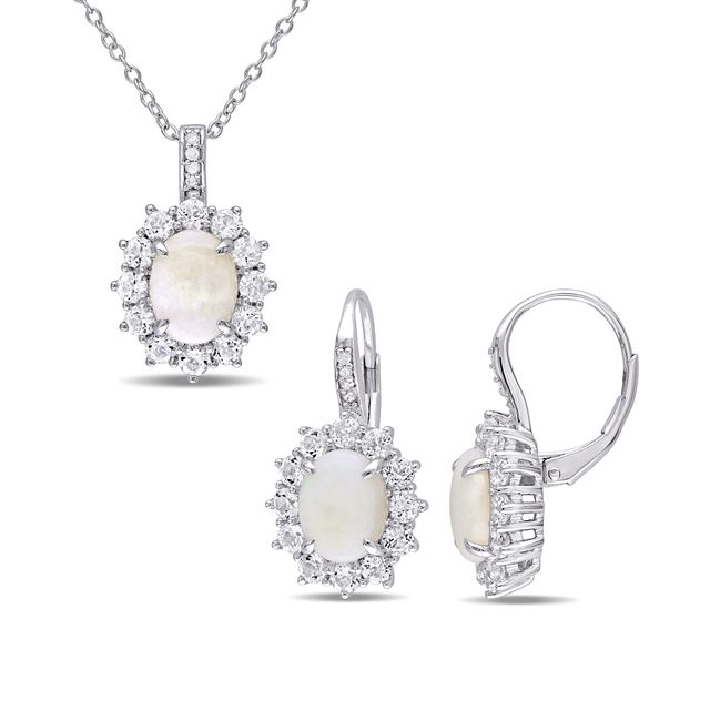 Oval Opal, White Topaz, and 1/20 CT. T.w. Diamond Frame Pendant and Drop Earrings Set in Sterling Silver