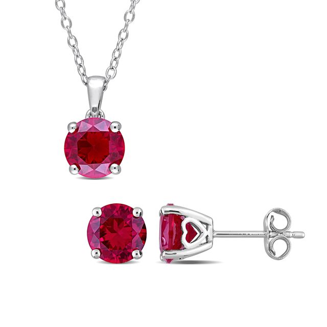 7.0mm Lab-Created Ruby Solitaire Pendant and Stud Earrings Set in Sterling Silver