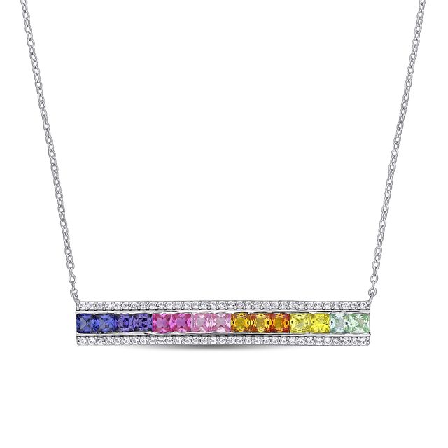 3.0mm Princess-Cut Multi-Color Lab-Created Sapphire Rainbow Triple-Row Bar Necklace in Sterling Silver - 16"