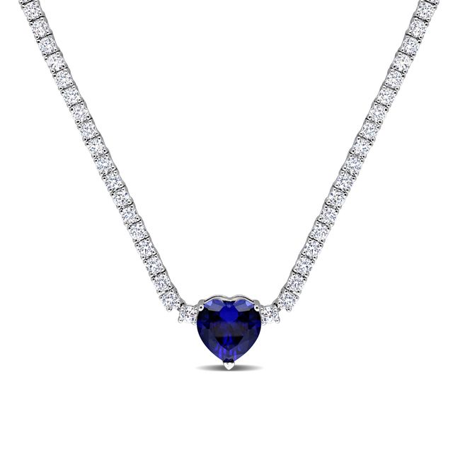 10.0mm Heart-Shaped Blue Lab-Created Sapphire and White Lab-Created Sapphire Necklace in Sterling Silver - 15"