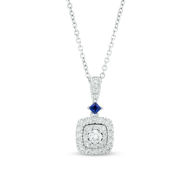 Vera Wang Love Collection 1/4 CT. T.w. Cushion-Shaped Multi-Diamond and Blue Sapphire Pendant in 10K White Gold - 19"