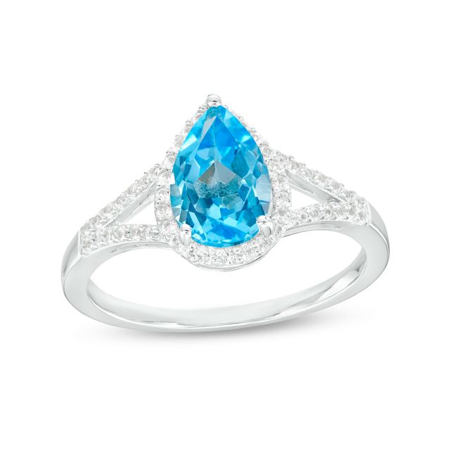 Pear-Shaped Swiss Blue Topaz and White Lab-Created Sapphire Frame Split Shank Ring in Sterling Silver