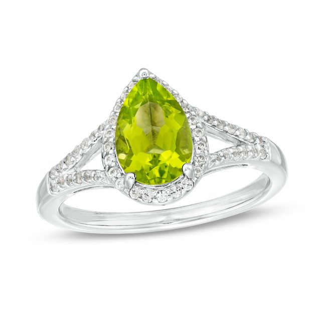 Pear-Shaped Peridot and White Lab-Created Sapphire Frame Split Shank Ring in Sterling Silver