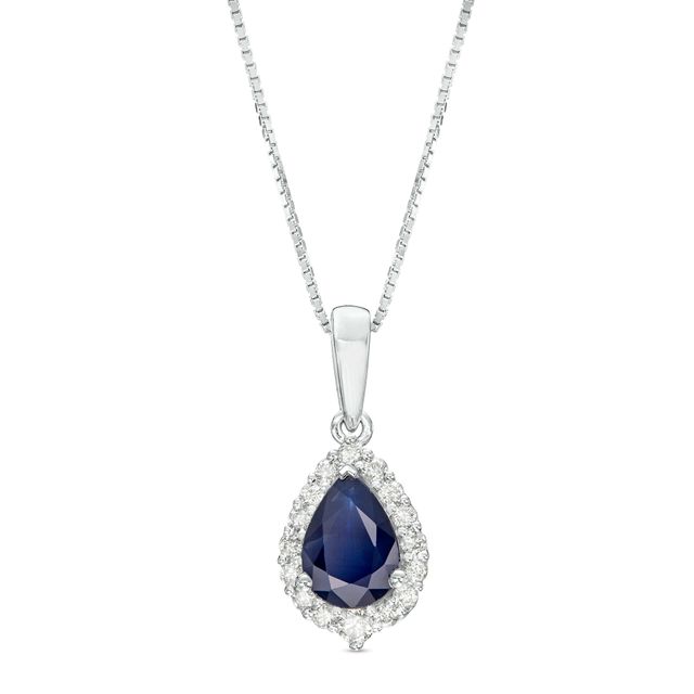 Pear-Shaped Blue Sapphire and 1/6 CT. T.w. Diamond Frame Pendant in 10K White Gold