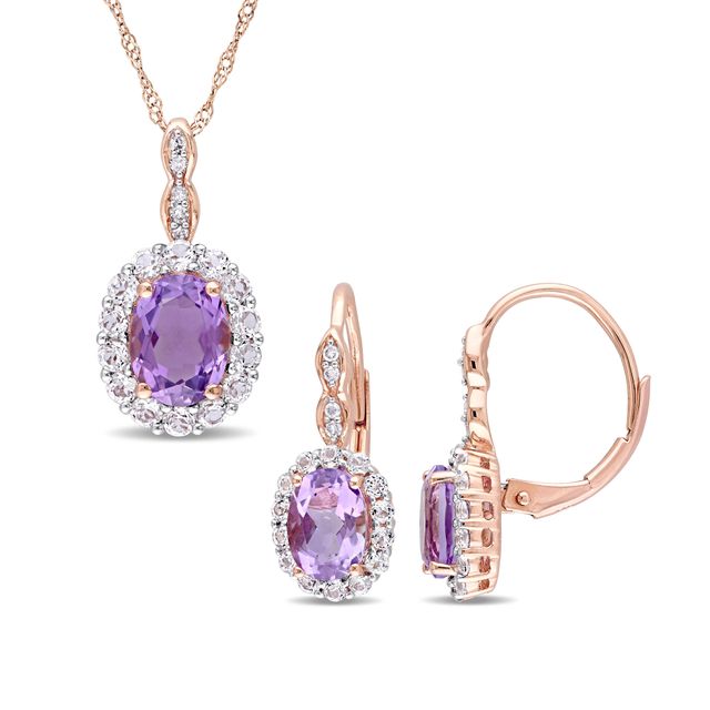 Oval Amethyst, White Topaz, and 1/15 CT. T.w. Diamond Frame Pendant and Drop Earrings Set in 14K Rose Gold - 17"