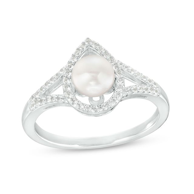 6.0mm Cultured Freshwater Pearl and White Lab-Created Sapphire Pear-Shaped Frame Split Shank Ring in Sterling Silver