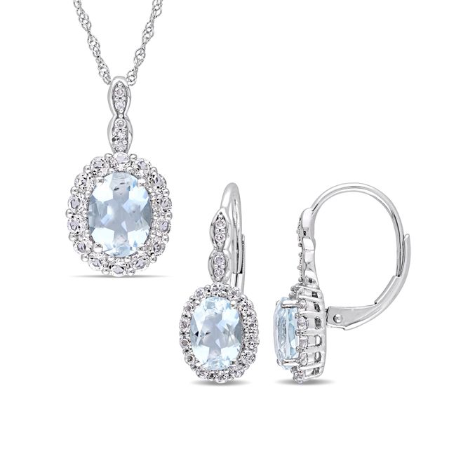 Oval Aquamarine, White Topaz, and 1/15 CT. T.w. Diamond Frame Pendant and Drop Earrings Set in 14K White Gold - 17"