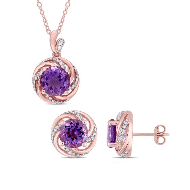 Amethyst, White Topaz, and Diamond Accent Frame Pendant and Stud Earrings Set in Sterling Silver with Rose Flash Plate