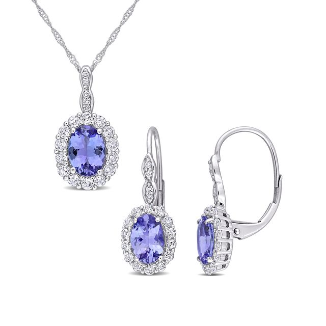 Oval Tanzanite, White Topaz, and 1/15 CT. T.w. Diamond Frame Pendant and Drop Earrings Set in 14K White Gold - 17"