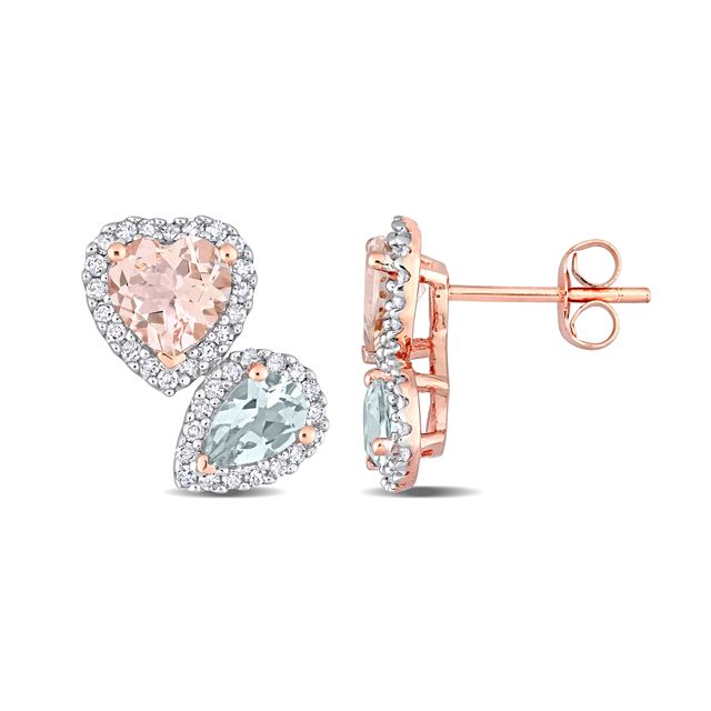 Heart-Shaped Morganite, Pear-Shaped Aquamarine, and 3/8 CT. T.w. Diamond Frame Stud Earrings in 10K Rose Gold