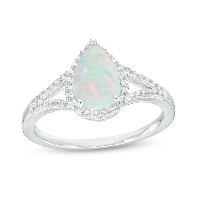 Pear-Shaped Lab-Created Opal and White Lab-Created Sapphire Frame Split Shank Ring in Sterling Silver