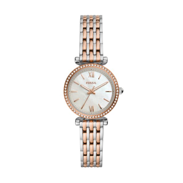 Ladies' Fossil Carlie Mini Crystal Accent Two-Tone Watch with Mother-of-Pearl Dial (Model: Es4649)