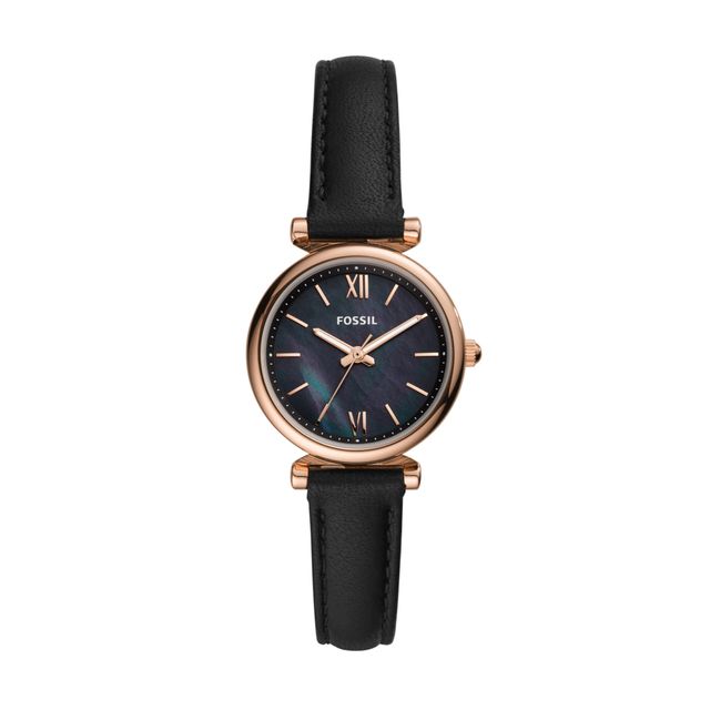 Ladies' Fossil Carlie Mini Rose-Tone Black Leather Strap Watch with Black Mother-of-Pearl Dial (Model: Es4700)