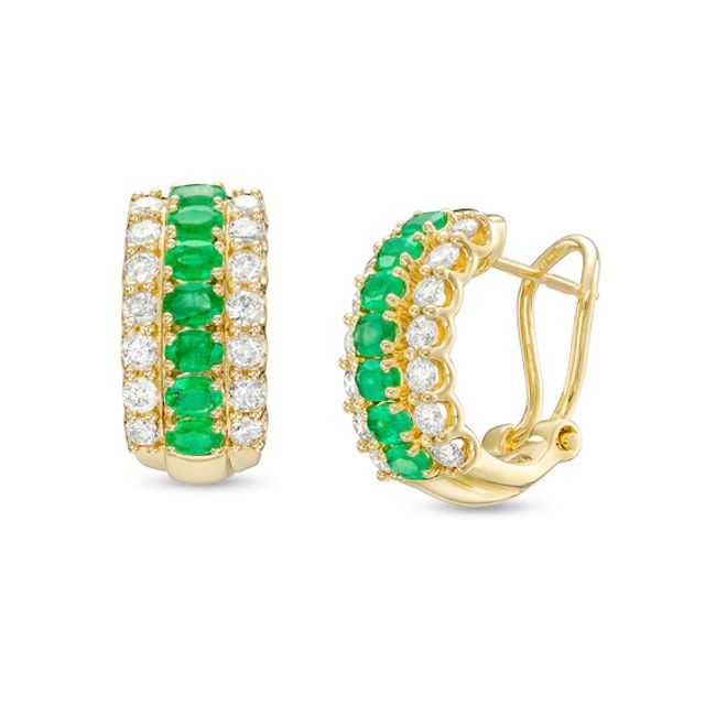 Oval Emerald and 3/4 CT. T.w. Diamond Triple Row Hoop Earrings in 10K Gold