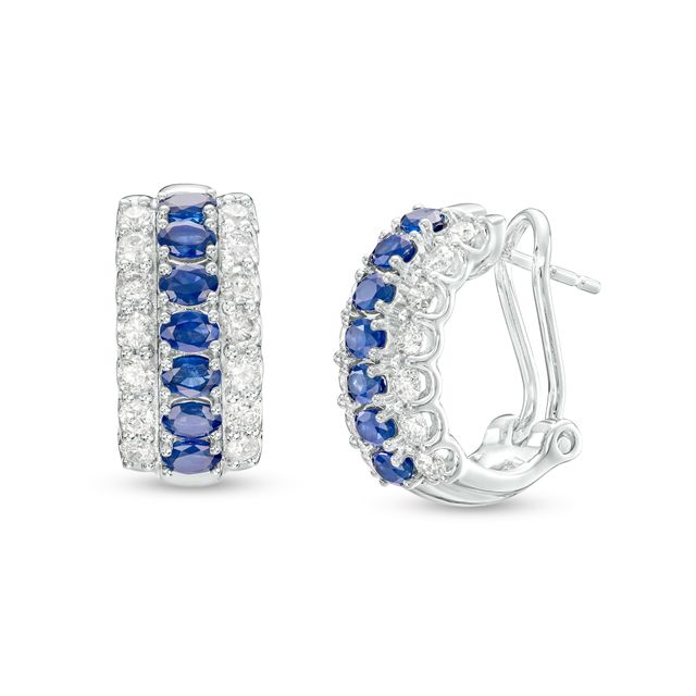 Oval Blue Sapphire and 3/4 CT. T.w. Diamond Triple Row Hoop Earrings in 10K White Gold