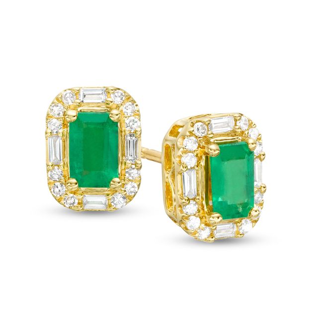 Emerald-Cut Emerald and 1/6 CT. T.w. Baguette and Round Diamond Frame Stud Earrings in 10K Gold