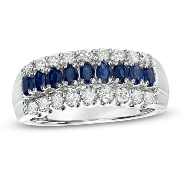 Oval Blue Sapphire and 5/8 CT. T.w. Diamond Triple Row Band in 10K White Gold