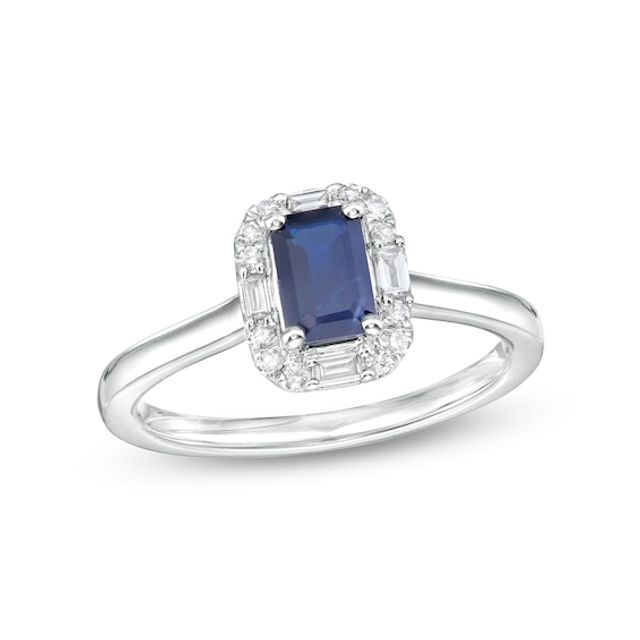 Emerald-Cut Blue Sapphire and 1/8 CT. T.w. Baguette and Round Diamond Frame Ring in 10K White Gold
