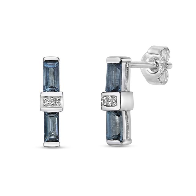 Baguette London Blue and Round White Topaz Vertical Bar Drop Earrings in Sterling Silver