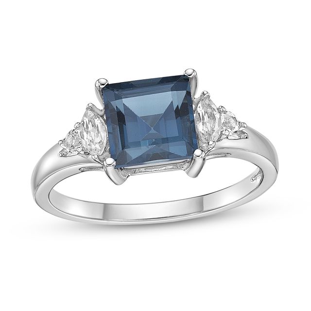 7.0mm Princess-Cut London Blue and Marquise-Shaped White Topaz Ring in Sterling Silver