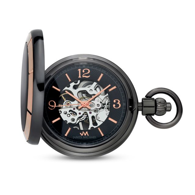 Men's James Michael Two-Tone Mechanical Pocket Watch with Black Skeleton Dial (Model: Pma011034)