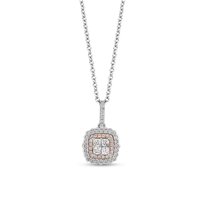 Enchanted Disney Belle 1/2 CT. T.w. Quad Princess-Cut Diamond Frame Pendant in Sterling Silver and 10K Rose Gold â 19"