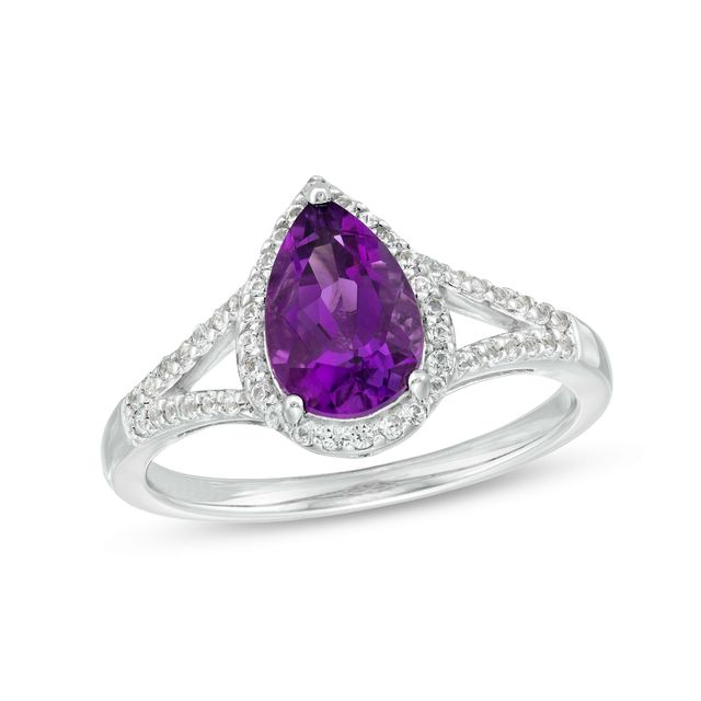 Pear-Shaped Amethyst and White Lab-Created Sapphire Frame Split Shank Ring in Sterling Silver