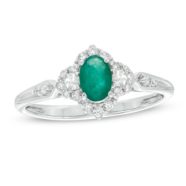 Oval Emerald and 1/4 CT. T.w. Diamond Floral Frame Ring in 10K White Gold