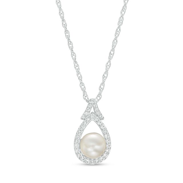 6.0mm Cultured Freshwater Pearl and White Lab-Created Sapphire Pear-Shaped Frame Split Bail Pendant in Sterling Silver