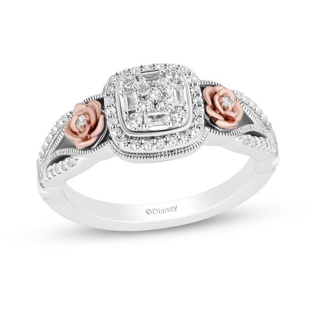 Enchanted Disney Belle 1/3 CT. T.w. Cushion-Shaped Multi-Diamond Frame Ring in Sterling Silver and 10K Rose Gold