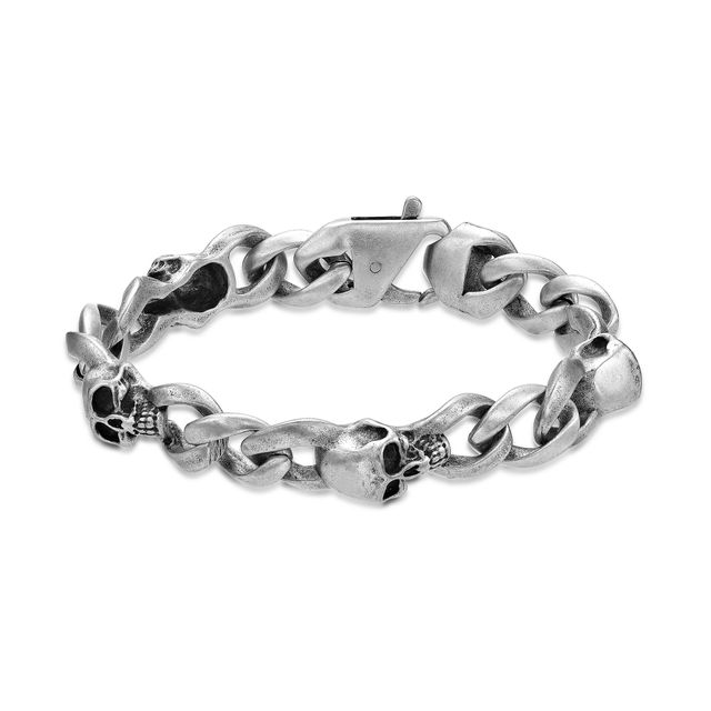 12.0mm Grey Skull Antique-Finish Link Bracelet in Stainless Steel - 8.5"
