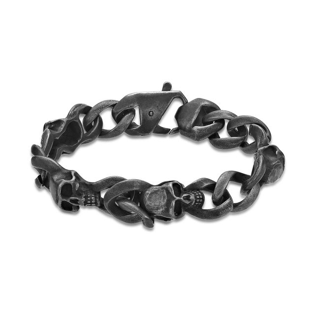 Men's 12.0mm Black Skull Antique-Finish Link Bracelet in Stainless Steel - 8.5"