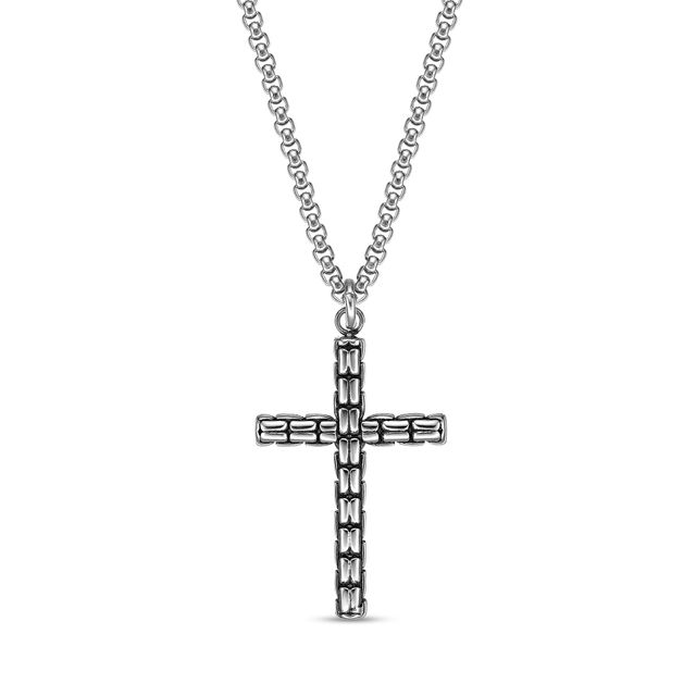 Men's Rib-Textured Cross Pendant in Stainless Steel and Black IP - 24"