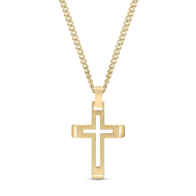 Men's Cross Punch-Out Pendant in Stainless Steel with Gold-Tone IP - 24"